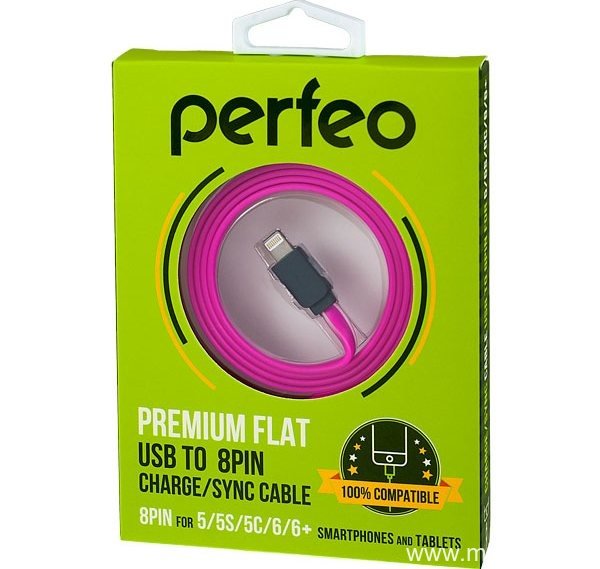 Мультимедийный плоский кабель Perfeo USB 2.0 вилка для iPhone 5/5S/5C/6/6+ (8 PIN) (Lightning)(розовый) артикул I4405