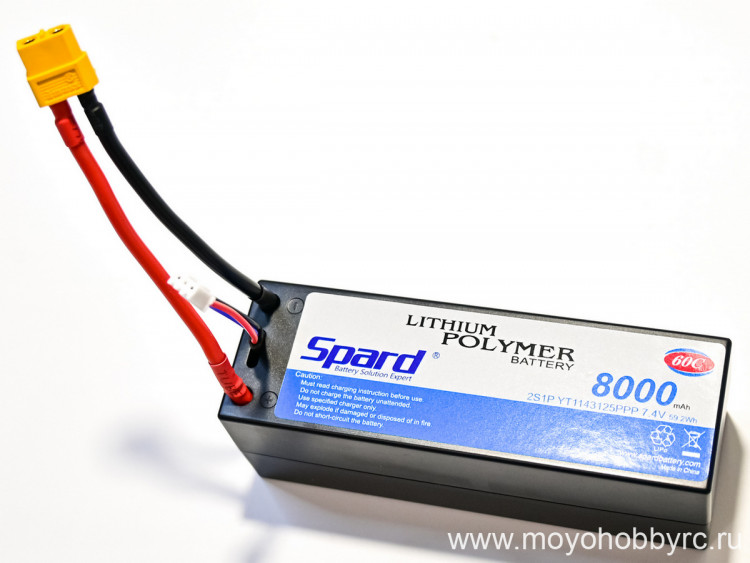 Аккумулятор Li-Po Spard 8000mAh, 7.4V, 60C, XT60, XL Hardcase (140x48x49мм) для авто 1/10, 1/8 артикул YT1143125PPP-2S-8HC