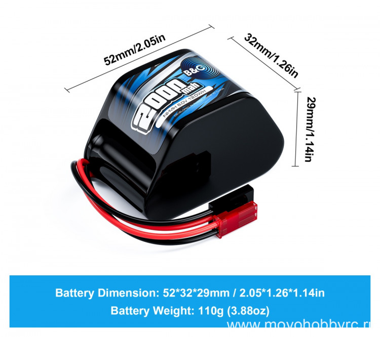 Аккумулятор бортового питания Ni-Mh 6.0V~2000mAh (размер 52x32x29mm, разъём JST / Futaba) артикул B&C-2000-6.0V-S-JF