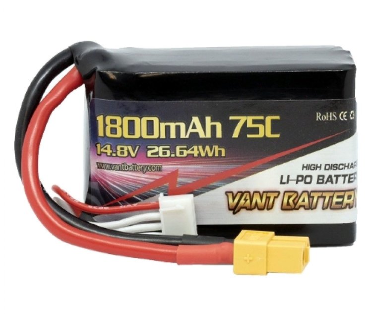 Аккумулятор LiPo Vant - 14.8В 1800мАч 75C (4S, разъём XT60) артикул VTB-1800-75C-4S