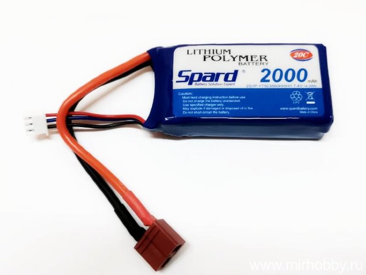 Аккумулятор Li-Po Spard 2000mAh, 7,4V, 20C, T‐plug для Remo Hobby 1/16, Himoto 1/18 артикул  артикул YT923560HHHH
