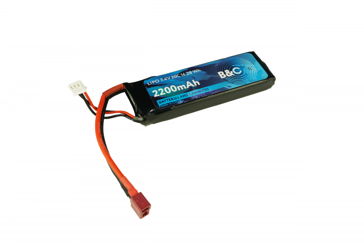 Аккумулятор LiPo B&C - 7.4v  2200 мАч, 20C, 16.28Wh (2S, Softcase, 14awg разъём T-plug) артикул B&C-2200-2S-20-S