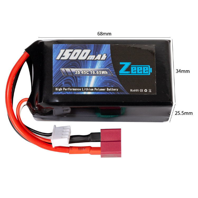 Аккумулятор Zeee Power 11.1v~1500mah, 3s, 45c, разъём T-Plug, SOFT (68x34x25.5 мм) артикул zeee-1500-3s-45c